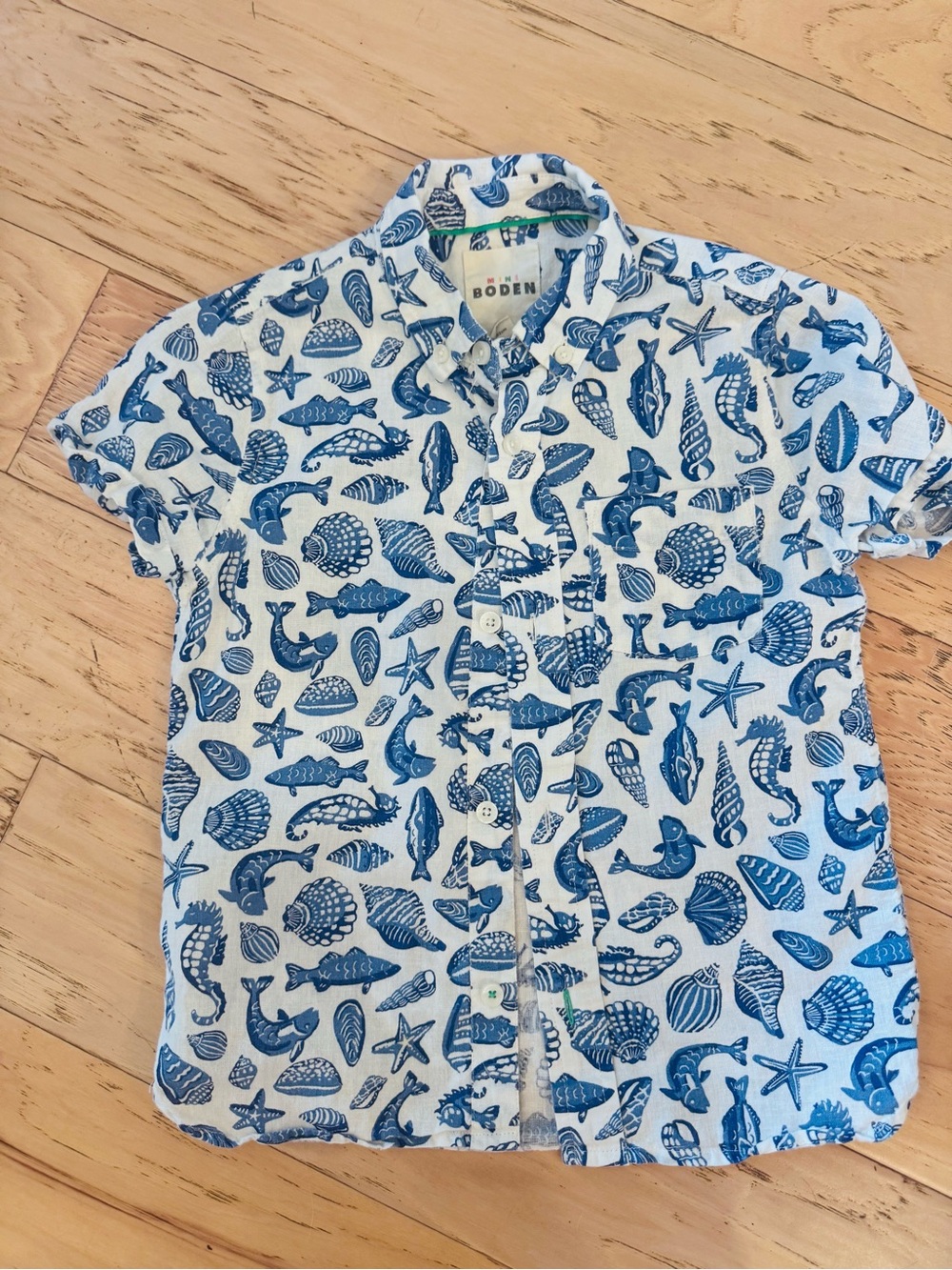 Mini Boden Blue & White Seashell Print Button-Down Shirt
